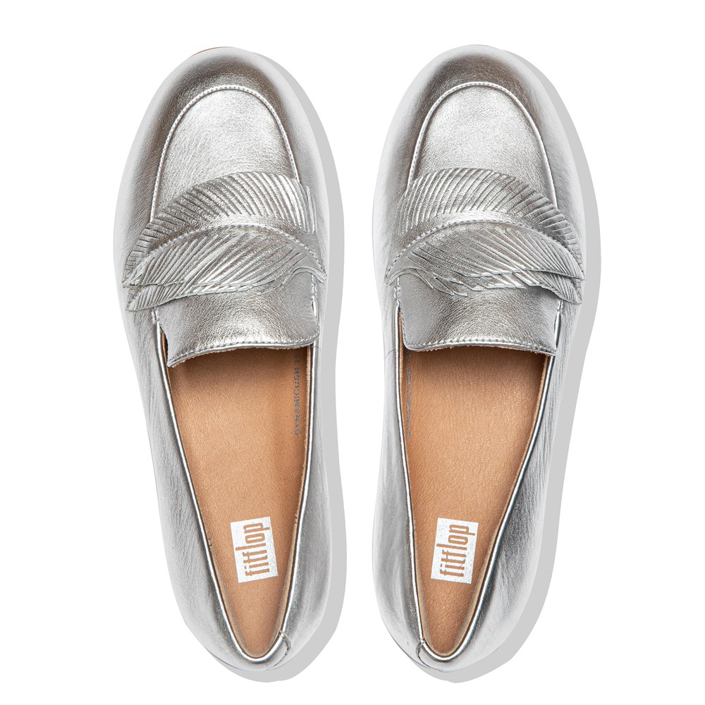 Fitflop Womens Loafers - Lena Feather Metallic Leather - Silver - 413-NAUEVL
